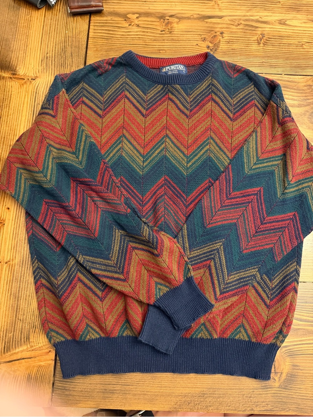 VTG Puritan Grandpa Core Knit Sweater Mens L Made in USA 100% Cotton Geometric
